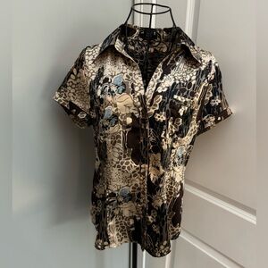 BCBG MaxAzria Printed Short Sleeve Buttondown Blouse Size Large